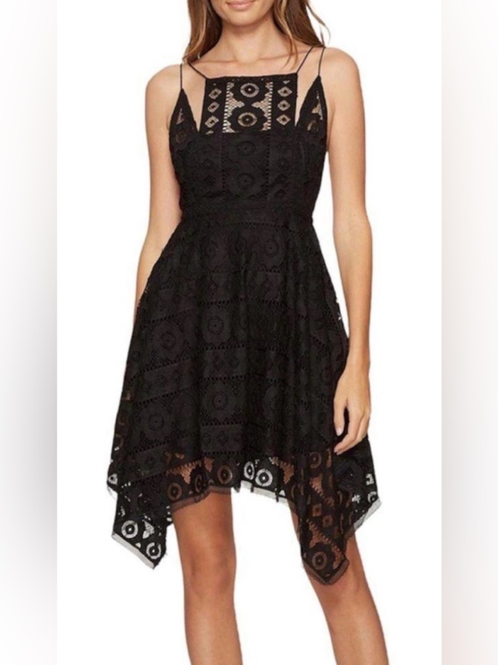 Free People "Just Like Honey" Black Lace Handkerchief Hem Dress Size 4